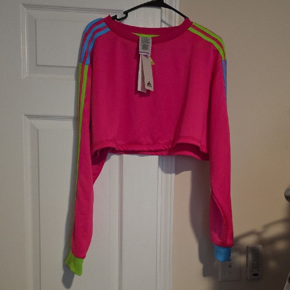 Adidas Bright Pink Cropped Top with Blue and Green Stripes